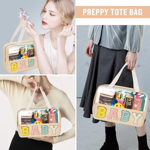 Vista 8 de izuzta Bolsas de maquillaje transparentes tipo tote con letras de chenilla, bolsa de maquillaje preppy con asa, Moda