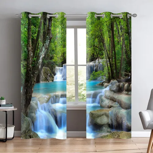 Vista 16 de Renaiss Cortinas opacas con cascada, diseño de bosque profundo, con aislamiento térmico, para dormitorio, árboles, estanques, piedras, para sala
