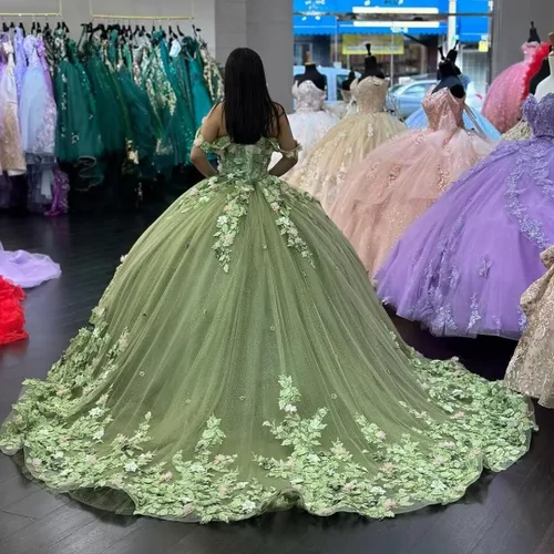 Vista 2 de Mouccy Lujo fuera del hombro vestidos de quinceañera vestido de bola hinchado largo vestidos de baile con tren tul dulce 15 16 vestidos XXF035