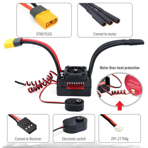 Vista 2 de Surpass Hobby Controlador de velocidad ESC sin escobillas impermeable 90A para RC con enchufe macho para coche 1/10 RC (90A)