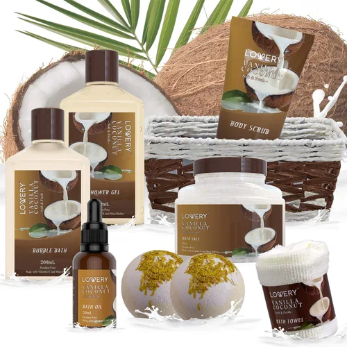 Vista 5 de Canasta de regalo de baño y cuerpo para mujeres y hombres, juego de 9 piezas de vainilla y coco, para spa en casa, incluye lociones fragantes