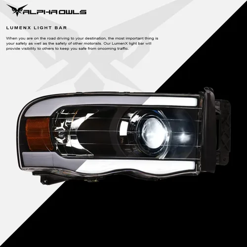 Vista 4 de Alpha Owls 8711156 Faros Delanteros de Proyector LED Completo con Barra de Luz LED Blanca - Negro Ámbar Compatible con 2002-2005 Dodge Ram