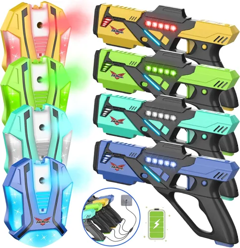 Vista 10 de Set de pistolas láser recargable con chalecos, set mejorado de 4 pistolas láser con efecto de spray de niebla y LED digital, juguete multijugador