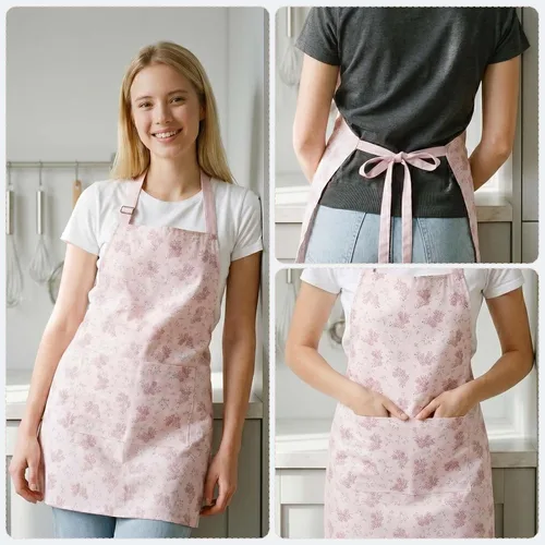 Vista 6 de Kitchen Apron, Double Sided Floral Adjustable Waterproof Apron with 2 Pockets for Baking, Salon, BBQ for Mom Wife