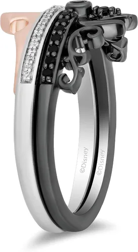 Vista 6 de Jewelili Enchanted Disney Fine Jewelry - Anillo de plata de ley con diamantes redondos negros y blancos naturales tratados con oro rosa y oro rosa