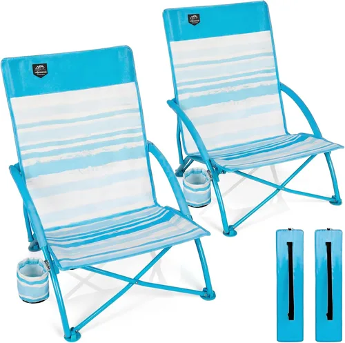 Vista 7 de Paquete de 2 sillas bajas de playa, sillas reclinables plegables para adultos, sillas de camping ligeras de asiento bajo con soporte para tazas, Azul