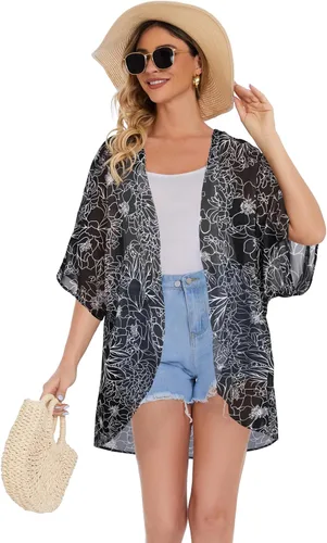 Vista 4 de Cárdigan tipo kimono de manga abombada con estampado floral para mujer, blusa informal