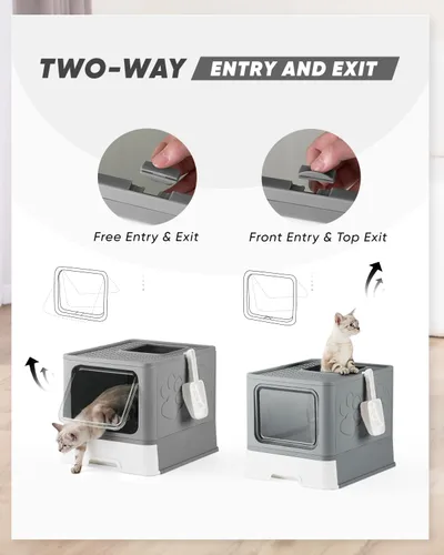 Vista 2 de Caja de Arena Cerrada para Gatos, Caja de Arena Grande para Gatos Grandes, Cajas de Arena Cubiertas para Gatitos con Tapa, Recinto de Caja