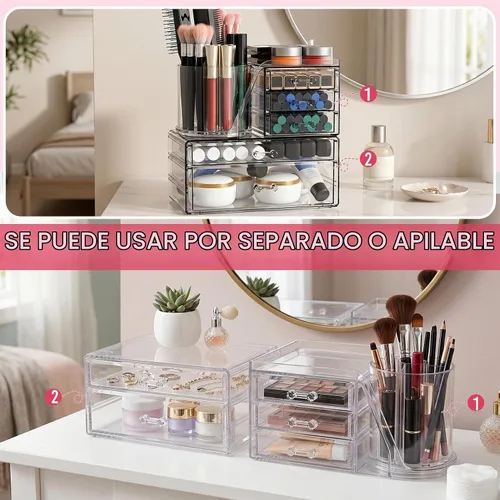 Vista 6 de ShineMe Organizador de maquillaje acrílico, organizador de cosméticos apilable de 2 niveles para tocador con soporte giratorio de 360° para brochas