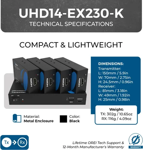 Vista 5 de OREI Divisor extensor HDMI 4K 1x4, cable múltiple a través de un solo cable CAT6/7 4K @60Hz 4:4:4 HDCP 2.2 con gestión EDID, hasta 230 pies, bucle