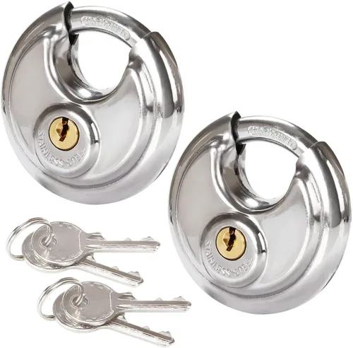 Vista 8 de 4 Pcs Disc Padlock 70 mm, Round Pad Lock with 8 Keys, Stainless Steel Body with Black Rubber Bumper, Storage Unit Use for Shed, Garage, Fence and