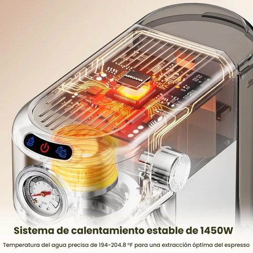 Vista 6 de Máquina de café espresso de 20 bares, cafetera compacta con espumador de leche, cafetera de acero inoxidable con tanque de agua extraíble de 34