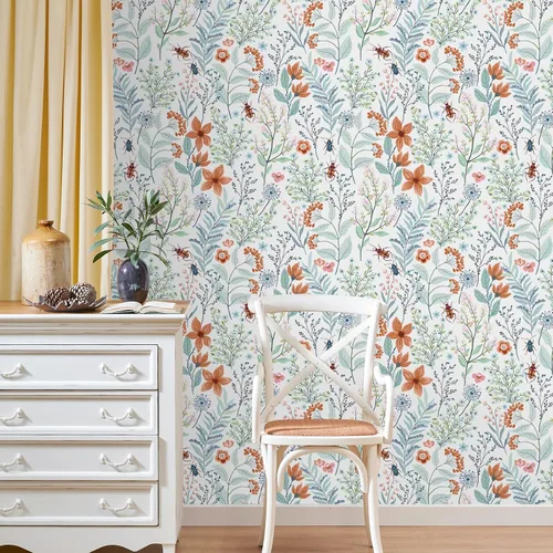 Vista 5 de VEELIKE Beetles - Papel tapiz floral para despegar y pegar, papel tapiz de flores azules y naranjas para dormitorio y baño, papel de contacto floral