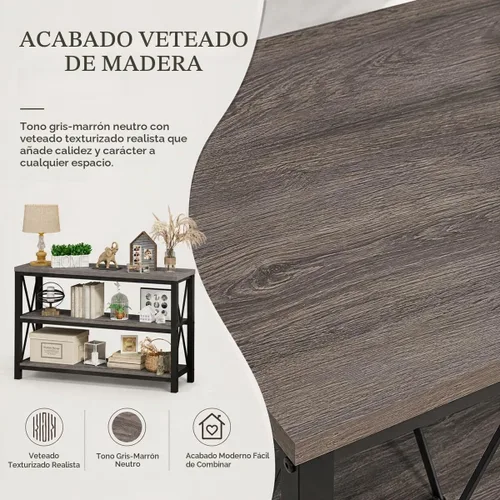 Vista 3 de BON AUGURE Mesa de Sofá Rústica Detrás del Sofá, Mesas Consola Industriales para Entrada, Mesa de Entrada de 3 Niveles con Estantes de Madera