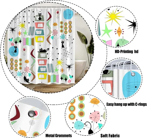 Vista 4 de Mid Century Modern Shower Curtain Black Cat Retro Atomic Sputnik Boomerangs Abstract Geometric Iconic 50s 60s Vintage Aesthetics Art Polyester