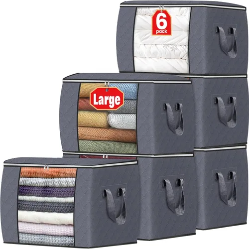 Vista 41 de Fab totes Paquete de 3 bolsas de almacenamiento plegables de tela gruesa, contenedores para organizar dormitorio, armario, ropa, edredón, Beige