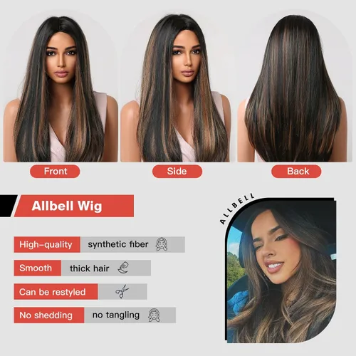 Vista 3 de Allbell Pelucas marrones largas negras para mujeres negras, pelucas de cabello lacio castaño oscuro con reflejos rubios, peluca larga de parte