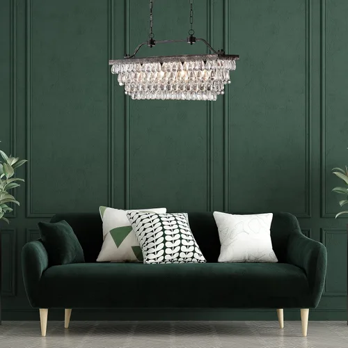 Vista 5 de Edvivi Candelabro de cristal lineal rectangular de lujo, 4 luces glamorosas con acabado de bronce antiguo, lámpara de techo ajustable, comedor, isla
