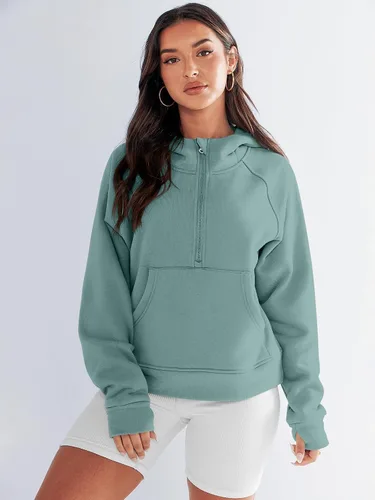 Vista 4 de Prinbara Sudaderas con capucha corta con media cremallera para mujer, sudadera de forro polar con cremallera de un cuarto, ropa de otoño
