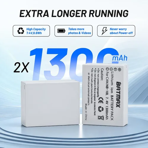 Vista 2 de Batmax Paquete de 2 baterías NB-10L de alta capacidad (1300 mAh) + cargador USB dual LED para batería Canon NB-10L; cámaras digitales Canon