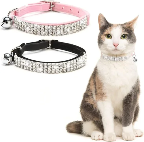 Vista 9 de BINGPET collar ajustable para gatos, de terciopelo suave, seguro, collares Bling diamante con cascabel, Adjustable, Negro Negro