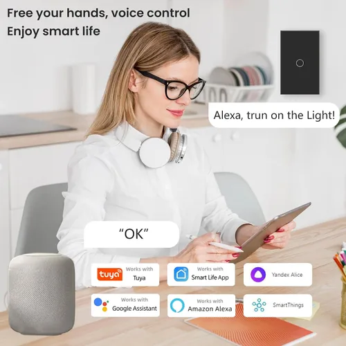 Vista 2 de Interruptor de luz inteligente necesita cable neutro, una sola banda, negro 1 botón 4.65 x 2.83 x 1.34 pulgadas, solo Wi-Fi de 2.4 GHz, funciona