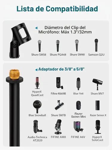 Vista 5 de InnoGear Soporte de micrófono de escritorio, soporte de micrófono de mesa mejorado ajustable con clip de micrófono y tornillo macho de 5/8" a hembra
