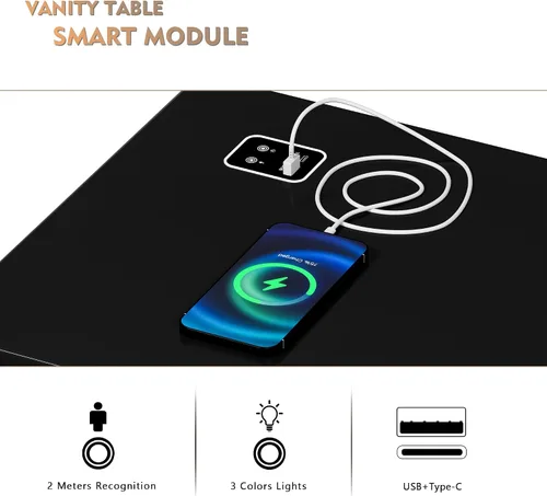 Vista 3 de Gurexl Escritorio LED de maquillaje con luces, juego de tocador con estación de carga, tocador LED con 3 cajones de almacenamiento para dormitorio