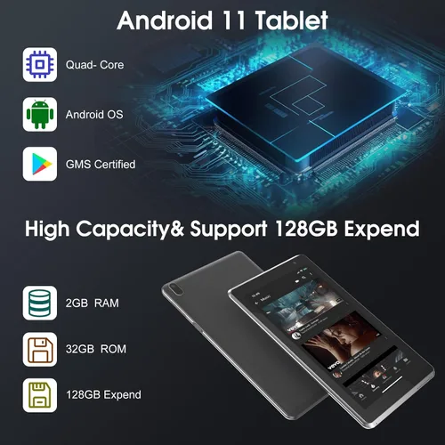 Vista 3 de Tablet de 7 pulgadas, Tablet Android con, 2GB+32GB+1TB (Expandible), Quad-Core, BT, Wi-Fi, Educativa, Música, Cámara Dual