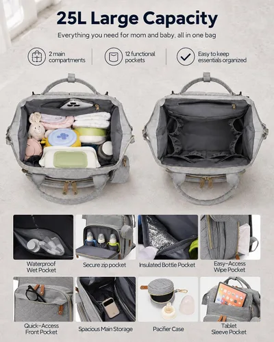 Vista 2 de houscly Mochila para pañales con cambiador: bolsas de bebé de viaje negras para niñas y niños, pañaleras para bebe, artículos esenciales para recién