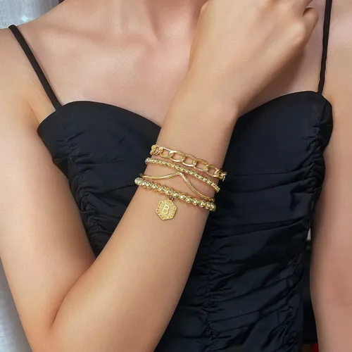 Vista 4 de Elegance 11 designs Pulsera de cuentas apilable chapada en oro de 14 quilates, pulseras elásticas gruesas para mujer, regalo con colgante hexagonal