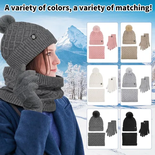 Vista 8 de Gorros de invierno para mujer, bufanda, guantes para pantalla táctil, juego cálido con patrón de cuadrícula, gorro holgado de punto con forro polar