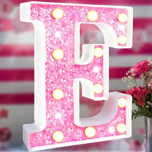 Vista 8 de Letras rosas iluminadas con purpurina, letras del alfabeto rosas, letreros de luces LED en marquesina rosas con batería para iluminación nocturna