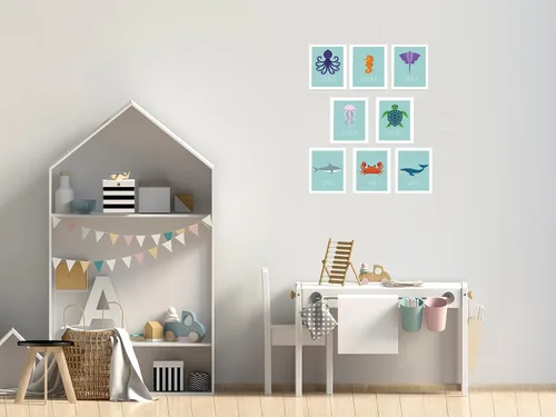 Vista 2 de Tarjetas de pared de animales del océano, decoración náutica de cuarto de bebé, arte marino educativo para niños, regalo para niños, juego de 8