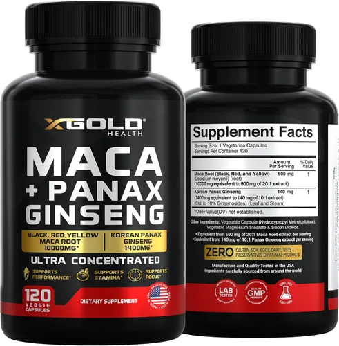 Vista 7 de Cápsulas de raíz de maca 10,000 mg + ginseng coreano Panax 1,400 mg - Extracto concentrado 20x raíz de maca negra + roja + amarilla, extracto