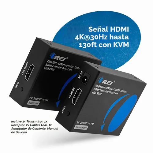 Vista 2 de OREI KVM - Extensor HDMI 4K Balun sobre cable Ethernet CAT6/7 4K, 30Hz hasta 130 pies, 2 puertos USB 1.1, compatible con teclado y mouse Ethernet