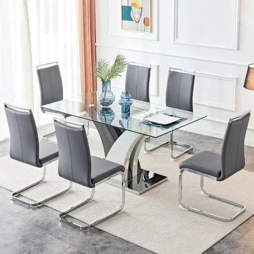 Vista 11 de NYEESS - Juego de mesa de comedor de cristal para 4, moderno juego de mesa de comedor de 63 pulgadas para 4
