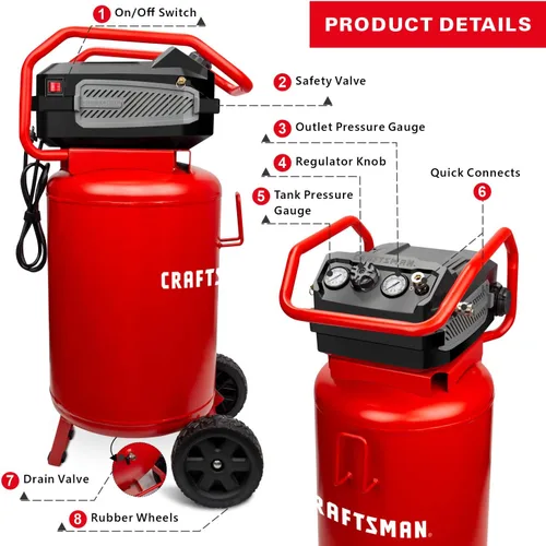 Vista 3 de CRAFTSMAN Compresor de aire, 20 galones, 1.8 HP, herramientas de aire sin aceite, rojo y MaxWorks 80720 carrete retráctil de rebobinado automático