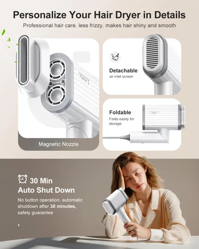 Vista 7 de Tqcir Secador de pelo, 220,000 rpm, motor sin escobillas, doble velocidad sin escobillas, secado rápido 6X, 500 millones de secadores de pelo