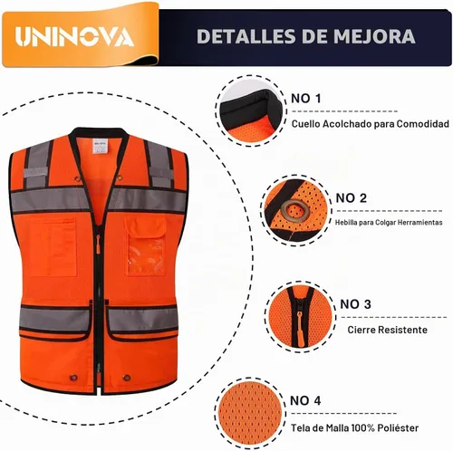 Vista 5 de Chaleco de seguridad reflectante para agrimensores para hombres, chaleco de seguridad de malla reflectante de clase 2 con bolsillos y cremallera