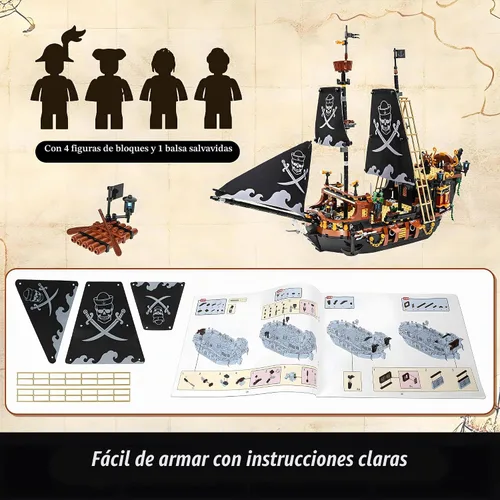 Vista 4 de Kit de bloques de construcción de barco pirata de 1328 piezas, regalo para adolescentes