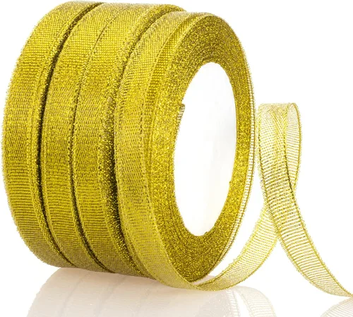 Vista 14 de YASEO Cinta de purpurina dorada de 1 1/2 pulgadas, 25 yardas de cinta de tela metálica brillante para envolver regalos, decoración de fiestas