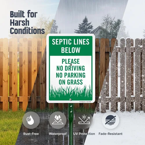 Vista 2 de SmartSign Letrero de patio con texto en inglés "Septic Lines Below - Please No Driving No Parking On Grass" de 10 x 7 pulgadas, kit de estaca de 18