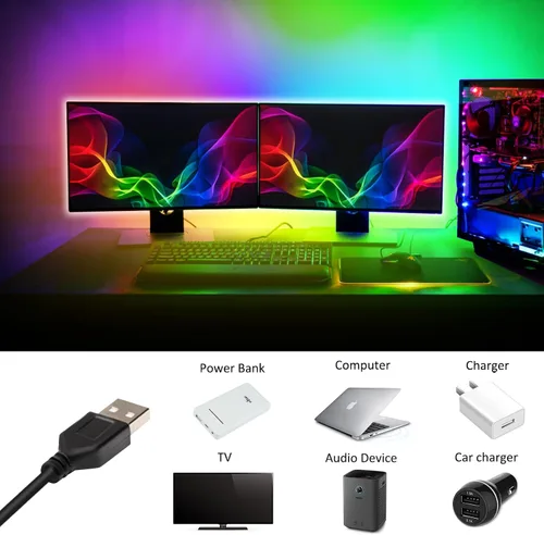 Vista 2 de Tira de luces LED USB de 6.56 pies, color de ensueño 5050 RGB con control remoto de 17 teclas, varios colores en una línea, cinta LED flexible
