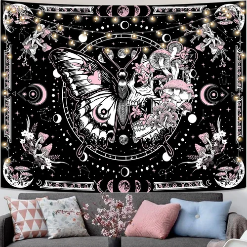 Vista 7 de Fungarth Tapiz de Esqueleto y Mariposa Blanco y Negro Calavera Hongos Plantas Tapices Hippie Estético Tapiz Colgante de Pared para Dormitorio Sala