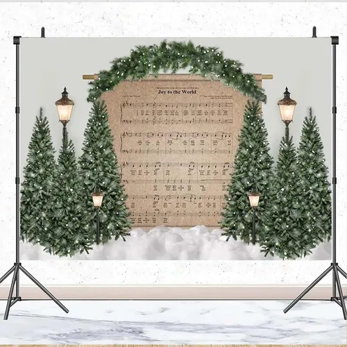 Vista 3 de Telón de fondo de fotografía de árbol de Navidad, decoración de partitura musical para niños, decoración de cumpleaños, retrato de invierno, escena