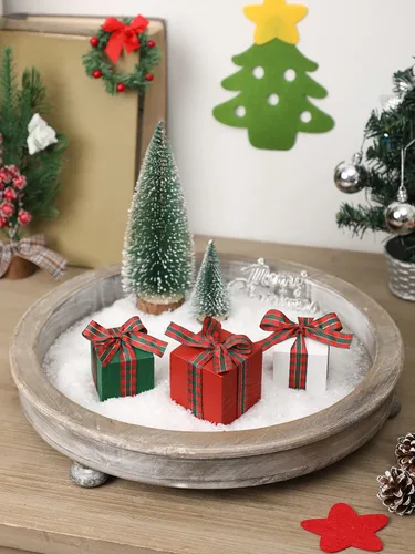 Vista 2 de Juego de 3 bandejas escalonadas de Navidad para decoración de mesa pequeña de madera (cuadros de búfalo 1)