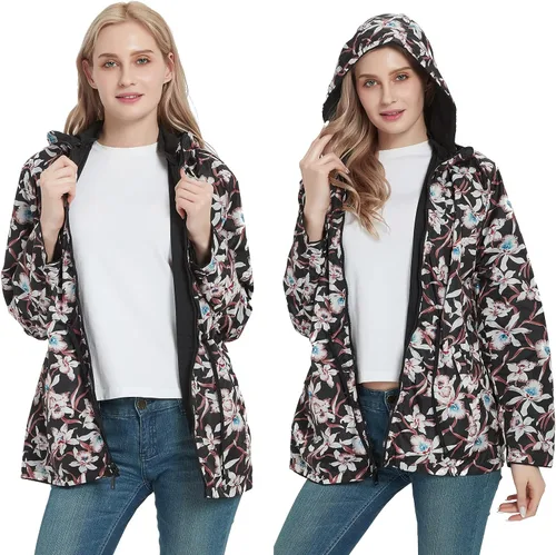 Vista 4 de RISISSIDA Women Casual Reversible Floral Print Jacket Hooded Spring Fall Fashion, Lightweight Waterproof Thin Transition Coat