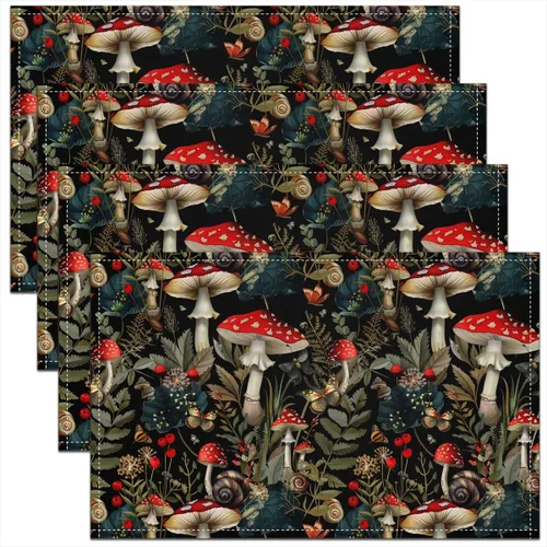 Vista 7 de Juego de 4 manteles individuales con diseño de hongos salvajes, acuarela, plantas naturales, decoración de plantas, para niños, adolescentes