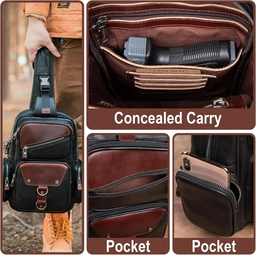 Vista 7 de CENUNCO Bolso bandolera de cuero genuino para hombre, mochila cruzada, casual, senderismo, motocicleta, bolsa de pecho antirrobo, bolso de viaje